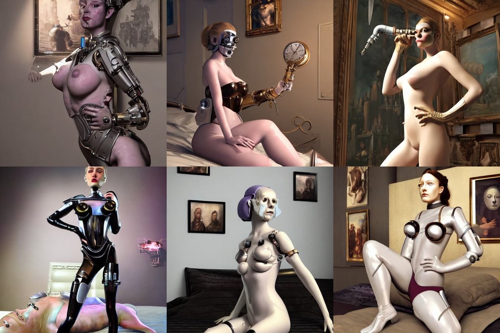 female pale aristocrat, by gustavo dore, diesel punk, space graphics art in background, clear faces, renaissance painting by vincent di fate, has face of a pig, brass pipes on the walls, back and side profiles. character design by disney, portrait photo of a beautiful cyborg woman in lingerie lying on her bed + face, 3 d 8 k octane rendered, white iridescenthair finish, skin covered in ritual tatoos, glimpse of red, german experssionism, hard light goddess detailed in front of an intricate background : 0. 8 | micro detail, by Simon Stalenhag, Royal Academy