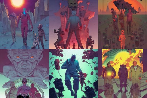 end of the world, at dusk, by Josan Gonzalez and Tomer Hanuka and Moebius and Brad Rigney and Greg Rutkowski