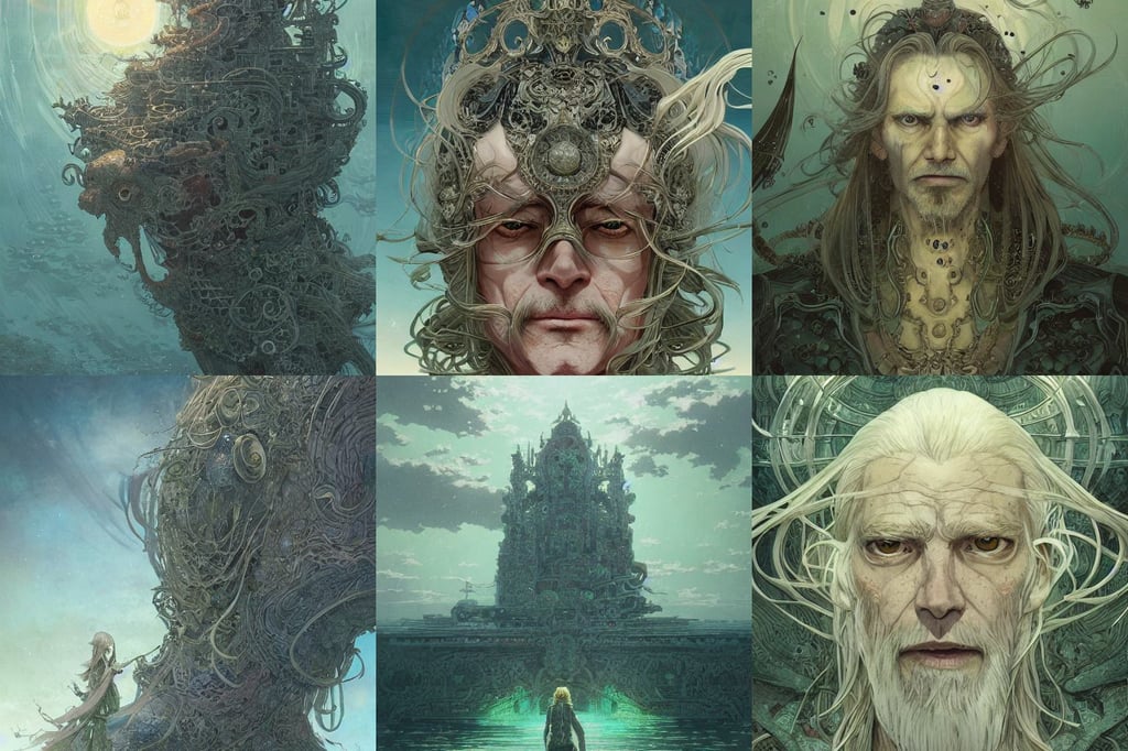 half - length portrait of a 6 0 - year - old human male noble with long blonde hair and green eyes, old and ugly, damnation, psychology, art by hidari and krenz cushart and wenjun lin, stunning undersea intricate detailed grand architecture in the style of Joe Fenton, painted by greg rutkowski makoto shinkai takashi takeuchi studio ghibli, demon girl | drawn by artgerm