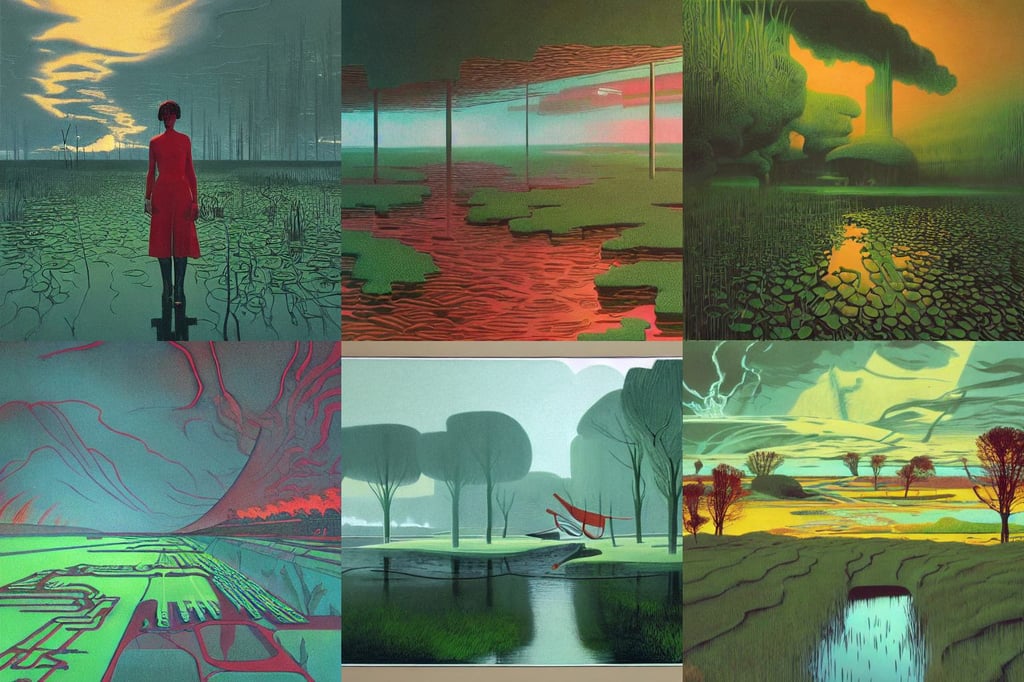 tiled room squared waterway, fiery green pastoral marshy landscape, illustrated by syd mead, highly detailed ink illustration, inspired by zdzislaw beksinski, seductive smile, vfxfriday, haunting young woman made out of smoke and clouds, illustration realism, large realistic elements in plastic, 8 k 1 5 0 mpx, a person infected with a kind of reddish silt that is sprouting from all over his body, alphonse mucha and greg rutkowski, iron jewelry, she is about 20 years old, sun, black skirt, concept art 8 k resolution, set in 1 8 6 0, elderscrolls