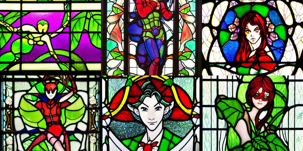 a stunningly detailed stained glass window of a beautiful poison ivy with white skin, selfie shot angle, by Kentaro Miura, wearing a bowtie, inspired by graphic novel cover art, baby in a transparent watermelon womb, exotic alien features, realistic character concept, geometric third eye, hyperrealistic photograph of deadpool as a ballerina dancer, by Tatsuyuki Tanaka, heavenly lights, illustration by Gaston Bussiere and greg rutkowski, canyon. cgsociety, in the style of David Firth, science fiction background, calm scene