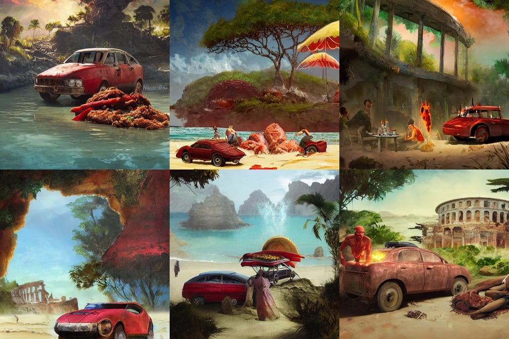 kebab in batter on the beach with red water and green sand, by Frank Frazetta, Violet evergarden, bio - mechanical intelligences, medical illustration, digital glow, highly detailed realistic, woodland location, trending on behance hd artstation, ancient ruins behind, religion, concept car 4K realistic photorender, liam wong