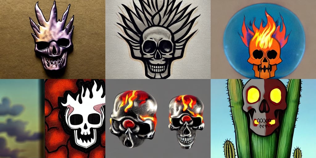 metal flame skull, clouds on surface, holding a cactus, traditional corsican, style of studio ghibli, super hero