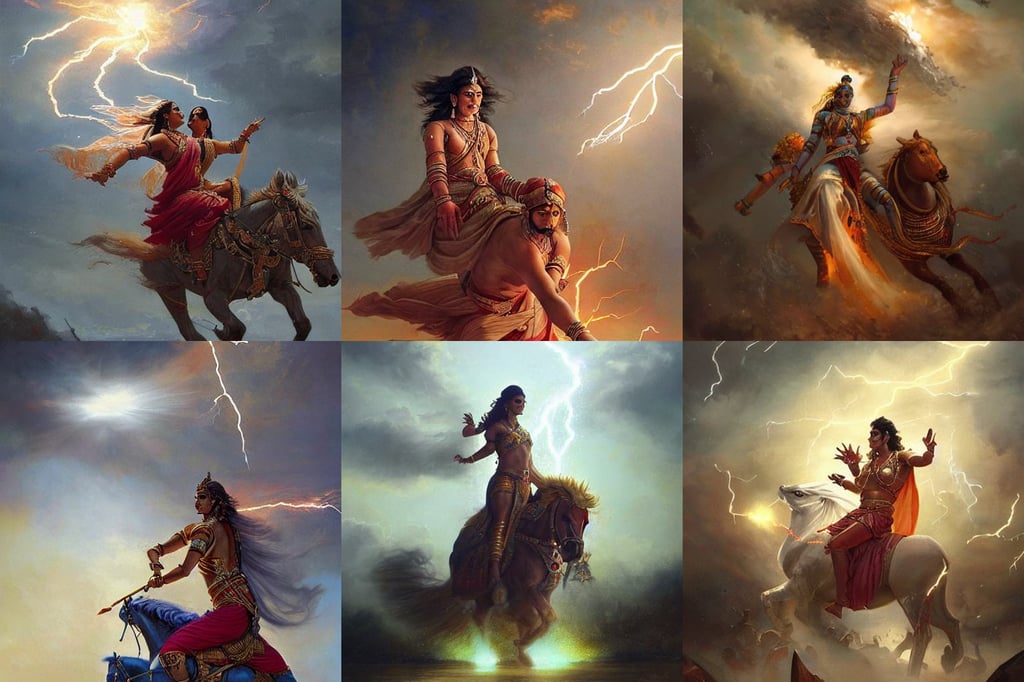 Krishana on a chariot with Arjun in the epic battle scene from Mahabharata, oil painting by greg rutkowski and serhiy krykun and artgerm, a women looks at the flashes of lightning bolts in sky, stunning artwork, single head