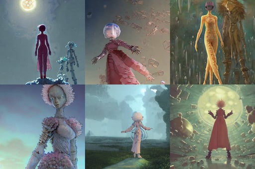 A humanoid woman made out of translucent crystals, art by miyazaki and Ian McQue and Akihiko Yoshida and Katsuya Terada, peaceful and softly landscape who has Namek’s villages with a female character flying trough the sky, 35mm octane render, art by Jan Van Eyck, art by Mark Rothko, flying through hyperspace, art by Gustave Courbet, art by Diego Velázquez