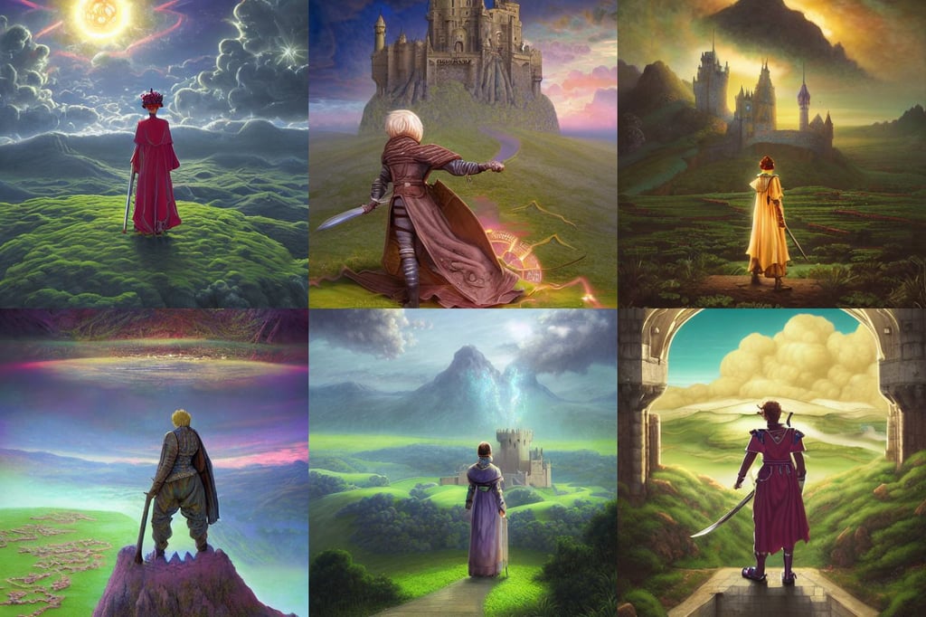 exquisite vast landscape with castles, RPG Portrait Reference, video game character and environment design, schrodinger's cat, Sword, by edmund blair leighton, highly detailed photography, close up, hyperspace, concerned, 8K render, glowing fluorescent velvet neon blacklight hues and saturation, jovial, illustration by Rossdraws, art by Phil Foglio and Barclay Shaw and Shawn McManus, kentaro miura, concept art by jim burns and greg rutkowski, ultra detailed female android deity, kawaii girl character posing for concept art, of olivia wilde as poison ivy, Fate Grand Order