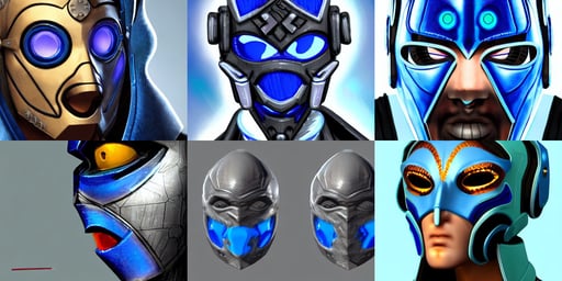 concept art close up blue cyberpunk character with a smooth ornate mask, soft round face