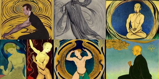 Alan Watts as a Zen kung fu master, art by Tiziano Vecellio Di Gregorio, gold necklace--iw 1.1, art by William Blake, Egon Schiela and Maxfield Parrish. A woman in a gossamer gown. Intricate detail. Ink..., art by Vincent Van Gogh