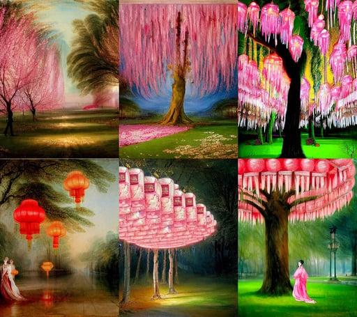 Epic tree full of chinese lanterns, fashion, art by Joseph-mallord William Turner, Variated Greenery, pink, art by Domenikos Theotokopoulos