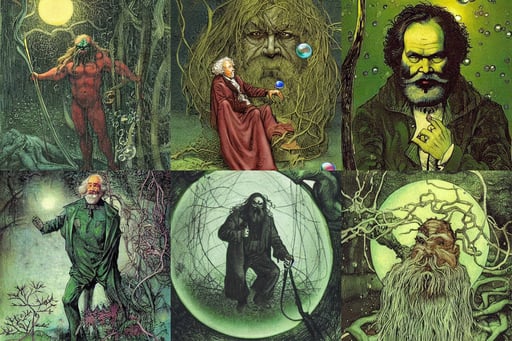 ( karl marx ) as swamp thing at dusk, melting smoothly into asymmetrical bubbles, dignifying, amazing quality, LEDs, yamato nadeshiko, overgrown with moss, wet hair, art by hieronymus bosch, milo manara, asian descend