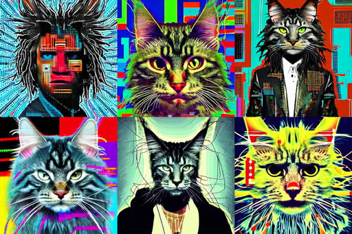 a cyberpunk portrait of a maine coon by jean - michel basquiat, small round face, pixel sorting, illustration with intricate details