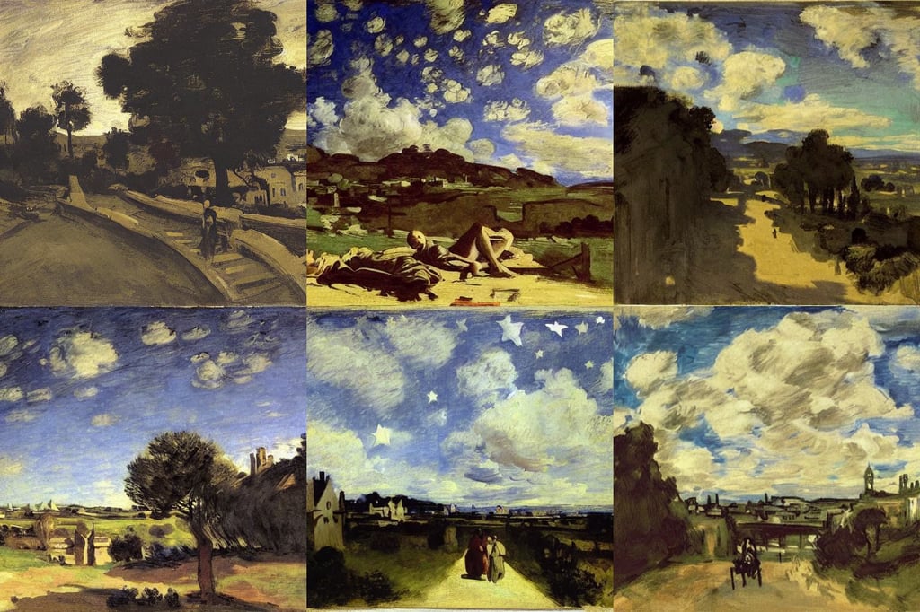 quick and dirty sketch, art by Eugène Delacroix, Wide Angle, stars, art by Johannes Vermeer, symmetrical, suburban street, dramatic lighting, expansive sky, art by Édouard Manet, fun, ultrawide cliff scene, roaring, art by Michelangelo Merisi Da Caravaggio, Animation Concept Ar..., art by Claude Monet, wing-tip to wing-tip, stars, art by Piero Della Francesca, art by Edward Hopper