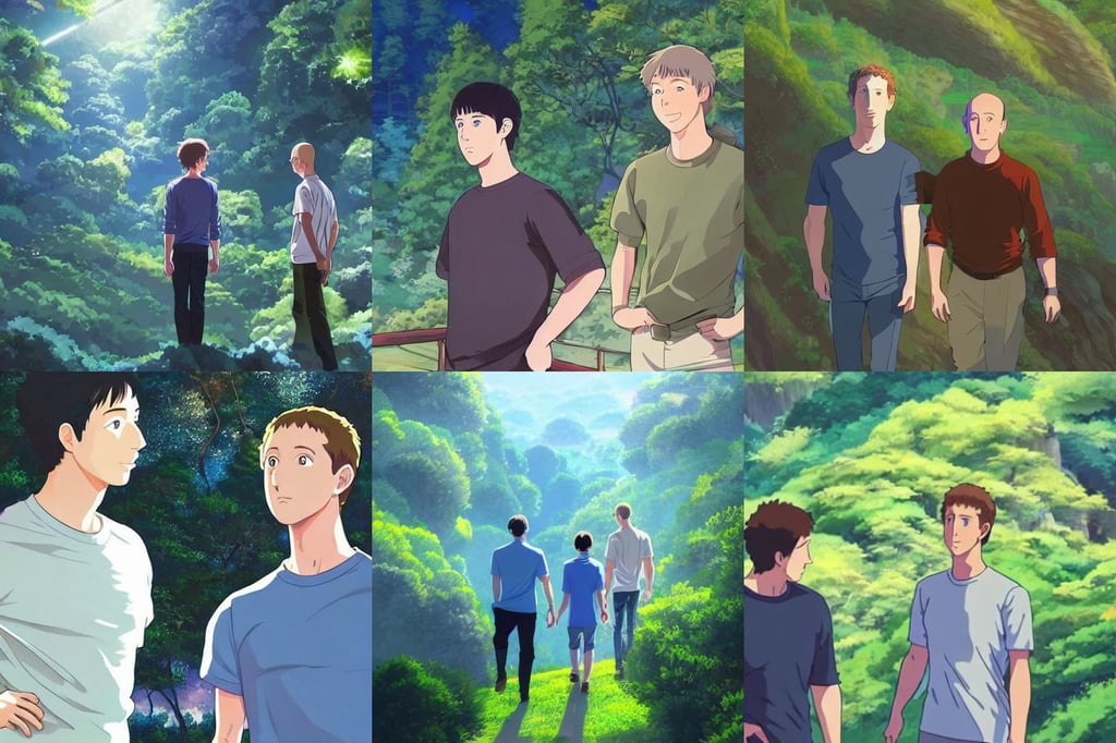 mark zuckerberg and jeff bezos, magical aura, photorealism. anime masterpiece by Studio Ghibli. 8k, looking down at the valley, deep forest, intricate futuristic jewelry, Hopper, joel torres