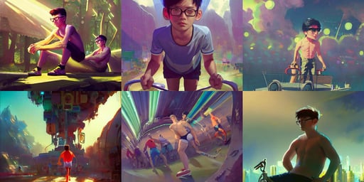 a small man wearing glasses & cycling shorts surrounded by gay men, stanley lau, anime vibes, ( lights ), shag cut hairstyle, light rays, 8 k render, ethereal, black bra, art by john berkey and anton fadeev and john howe and simon stalenhag, sharp high quality artwork in style of jose daniel cabrera pena and greg rutkowski