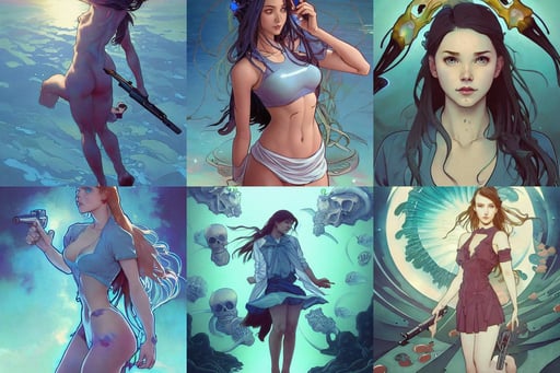 Ocean girl, human anatomy, art by artgerm and ross tran and greg rutkowski and alphonse mucha, a pretty girl wearing a school uniform and fighting with a gun, art by artgerm and greg rutkowski and alphonse much, blue eyes directed gaze, simon stalenhag style, bioluminescent hypercubes, skulls, street level, minimal noise. desaturated. high fidelity facial portrait. 8 k, artstation landscape, !! haute couture!!, trending on artstation c 1 4. 6, papers and closed books