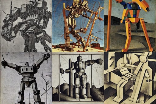 giant robot under construction, wonderful, art by Kazimir Malevich, art by Albrecht Dürer, Animation Concep..., art by Michelangelo Merisi Da Caravaggio, power lines