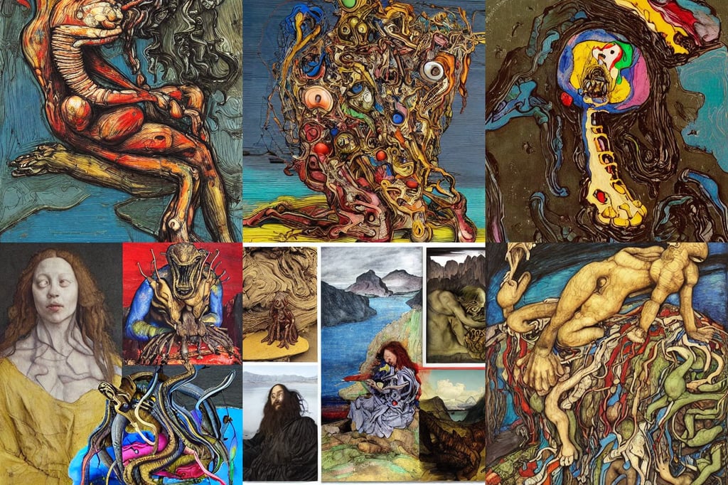 4 colorful abstract creature sitting together on a mountain, art by Gustave Courbet, creature xenomorph monster fetus, art by Jan Van Eyck, art by Leonardo Da Vinci, art by Piet Mondrian, insanely detailed, illustrative, by the lake, cute, art by Jenny Saville, with Muppets, dark fantasy, by tsutomu nihei, Dan Mumford and Studio Ghibli, dark, f1.8, art by Gustave Courbet