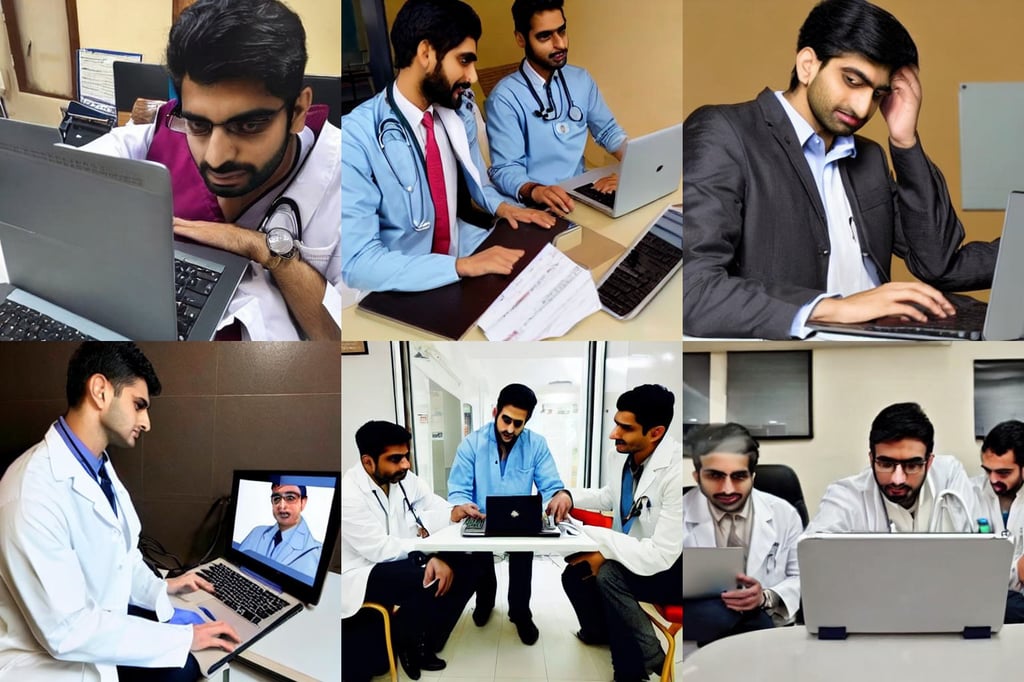 Anxious good looking pale young Indian doctors using  laptops, extreme details perfect face