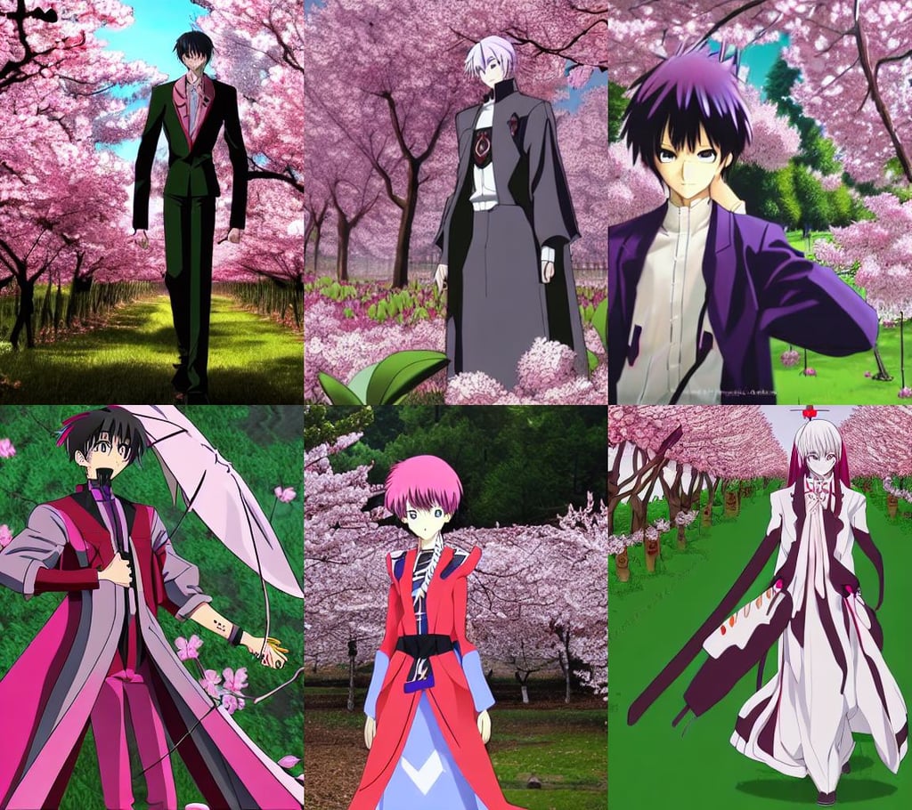 Evangelion Unit 01 standing in a sakura garden, long white beard, sakimichan, black jewerly, soft and intricate, vampires with bloody fangs, harvest