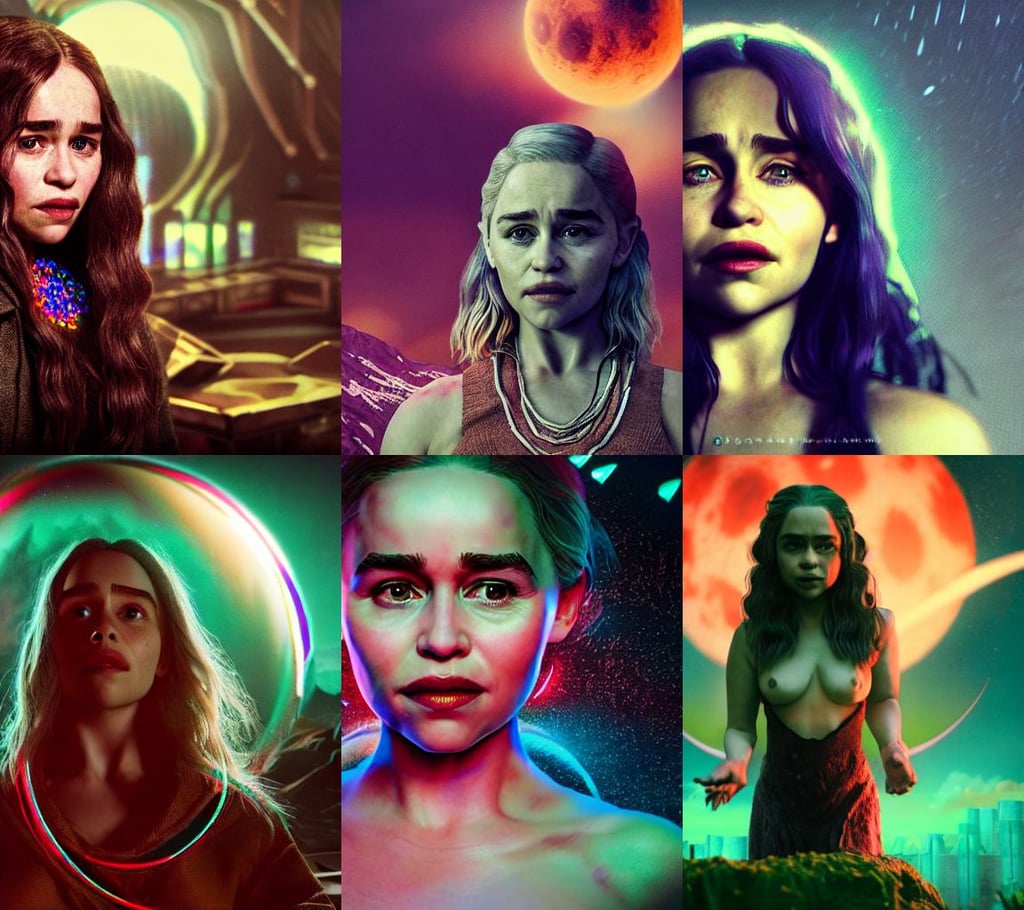 portrait of emilia clarke as a goblin, conceiving the dystopian world around her, planets, with a three storey house, remastered chromatic aberration spiked korean bloodmoon sigil stars draincore, Octane render in Maya and Houdini, multicolored glints, jewels, cafe racer