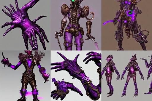 concept art of a steampunk whippersnipper, fantasy armor, magic mist, bright glowing purple and red eyes, ArtStation. Very detailed hands with 5 coherent fingers.