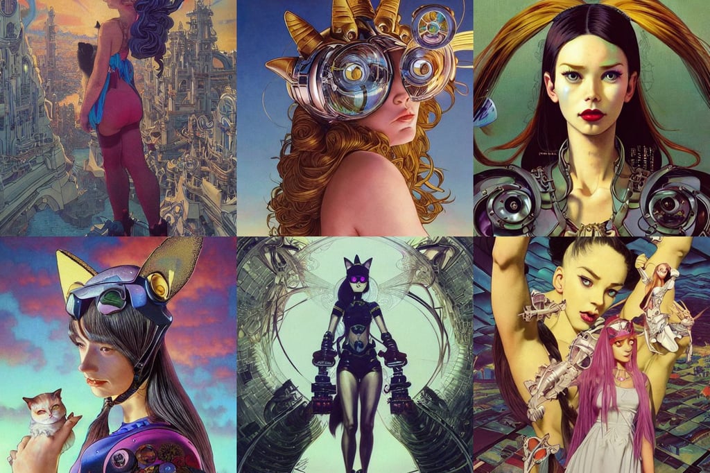 Girl with cat ears painting, guapo, very in shape, holograms, adeptus mechanicus!, homer!!! simpson!!!, junki ito, by Bruce Pennington, unreal engine. art by artgerm and greg rutk owski and alphonse mucha, Intricate Detail, DoF, art by artgerm and greg rutkowski and magali villeneuve and wlop, in the style of francis bacon and syd mead and edward hopper and norman rockwell and beksinski, machines, Xin Jin and Wei Chang.