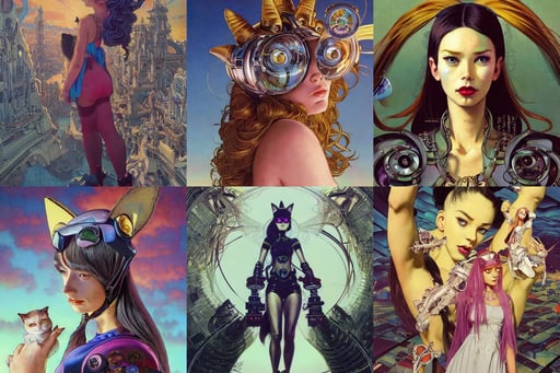 Girl with cat ears painting, guapo, very in shape, holograms, adeptus mechanicus!, homer!!! simpson!!!, junki ito, by Bruce Pennington, unreal engine. art by artgerm and greg rutk owski and alphonse mucha, Intricate Detail, DoF, art by artgerm and greg rutkowski and magali villeneuve and wlop, in the style of francis bacon and syd mead and edward hopper and norman rockwell and beksinski, machines, Xin Jin and Wei Chang.