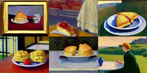 buttered scones with strawberry jam, Establishing shot, art by William Blake, art by Claude Monet, art by Mark Rothko, full figure drawing, art by Raffaello Sanzio, golden hour, art by Edward Hopper, art by Edward Hopper, Sharp image, dnd character art, glamor shot, art by Piet Mondrian