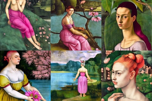 20 year old pink hair girl, art by Michelangelo Buonarroti, art by Artemisia Gentileschi, Sharp image, art by Magdalena Carmen Frida Kahlo Claderón, along the lake, Flowers and Lush Vegetation, adorable