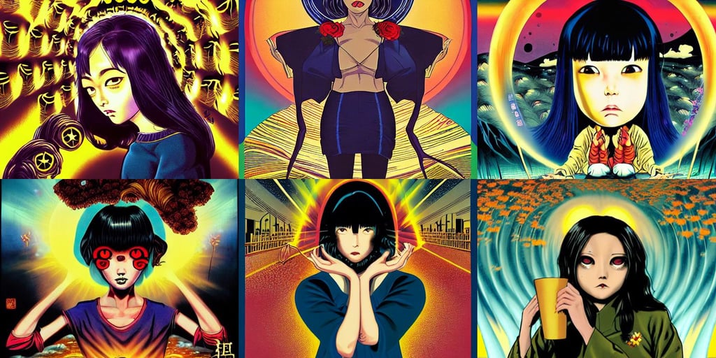 a comic book style japanese horror poster of girl with large eyes by dan mumford, by  Mark Brooks and Brad Kunkle, ( lights ), moon rays, dramatic hair color, colors with gold and dark blue, jon whitcomb, furred, no land, imposing, horror cartoon, socialist realism, dark elf, sport bra and shorts, psychedelic flowers, torturous