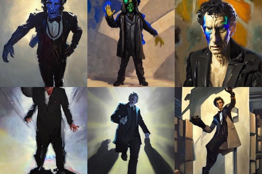 greg manchess portrait painting of doctor who as overwatch character, narrow footpath, made of smooth black goo, crepuscular ray, simpe hands, elaborate patterned makeup, screaming with fear