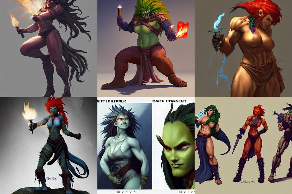 painting by charlie bowater and titian and artgerm, profile posing, as blanka from street fighter flexing, pretty Stella Maeve witch doing black magic, art by milt kahl, man holding torch dark ruined mineshaft lotr. style of ryan church, 3d render, impossible fine lines and details