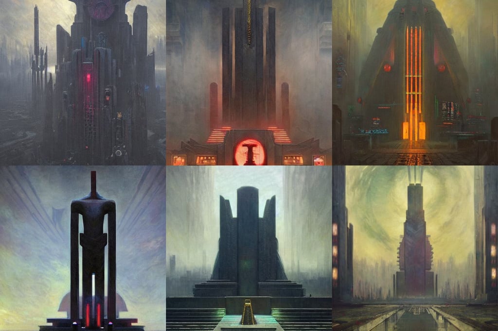 A cyberpunk art deco monument to Moloch by Greg Rutkowski and Claude Monet, oil on canvas