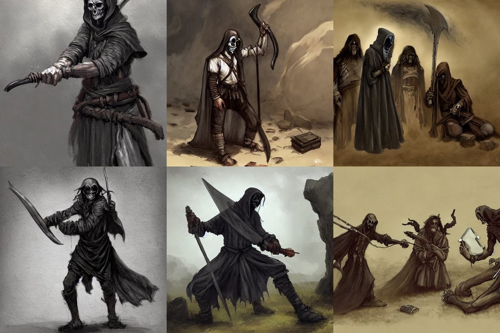 dnd npc horrifying grim reaper, head-to-toe, huddling over a piece of ancient technology, film grain, art by Gustave Courbet, concept art, twilight, character creation