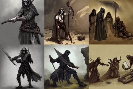 dnd npc horrifying grim reaper, head-to-toe, huddling over a piece of ancient technology, film grain, art by Gustave Courbet, concept art, twilight, character creation