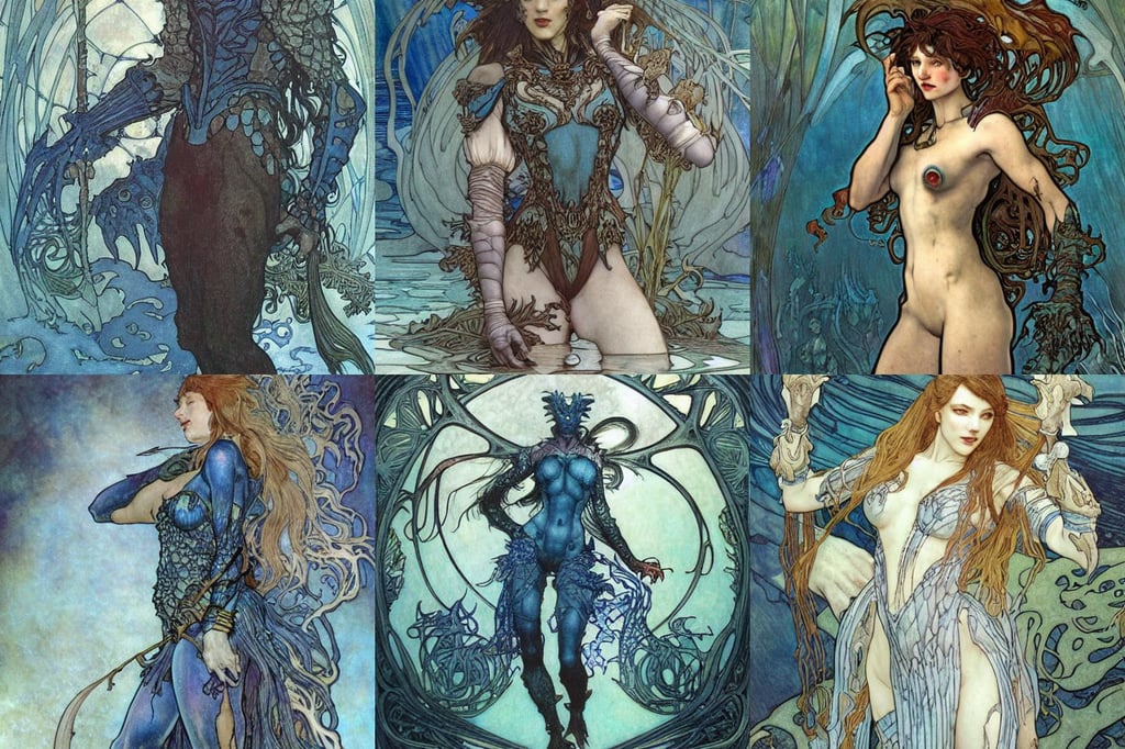 demonic monstrous creature underwater in abyss, art byby rebecca guay and by arthur rackham and by alphonse mucha and by john william waterhouse, ian boken with scaly blue skin, 1/160s, victorian clothing by artgerm, Power Ranger, white metal