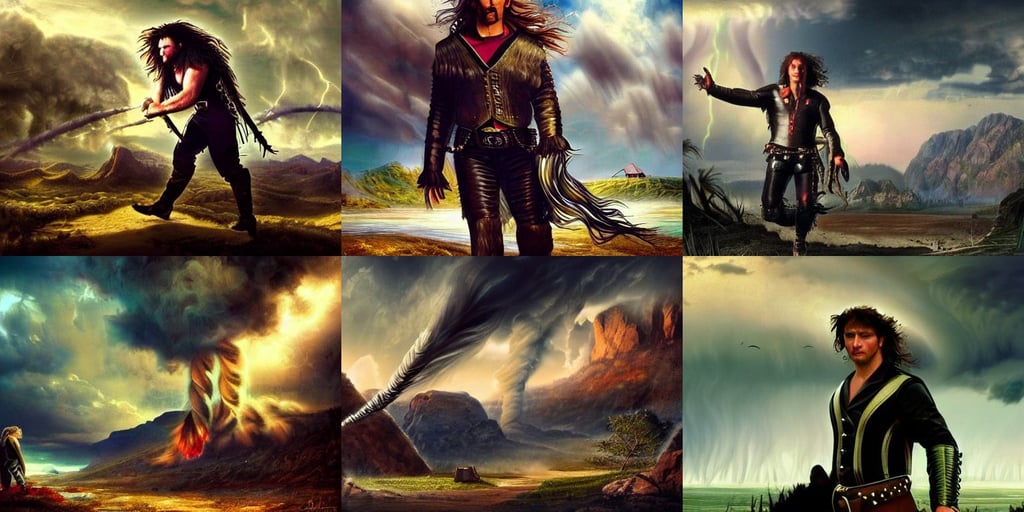 A tornado in a beautiful scenic landscape, wild west background, epic shot, soft shading, renaissance masterpiece. dark background. trending on artstation. retrofuturism., Warrior Man, snake hair, Klaus Movie poster, the room filled with colorful magic, beach in the forefront