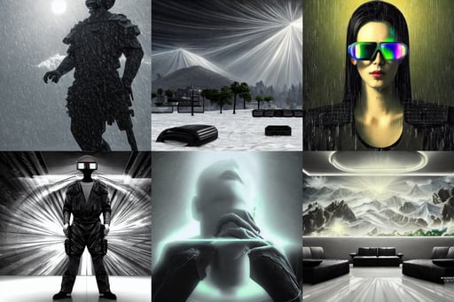 cyberspace, high quality masterpiece painted portrait, harmony with nature, black and white color scheme!!! ((Living room background)), god rays, unreal engine 4 k, maxfield parrish, hypercolor portrait, nobodies, digital photograph, wideshot ultrawide angle epic scale, neon glasses, gta san andreas cover art, armor covered in snow