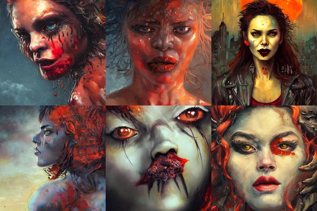 angry high moral werewolf, storybook art, closeup, art by Tim Okamura, orange, facial portrait, night scenery, in clouds over a city, sensual features, sexy. trending on artstation, Bloom, futuresynth, ancient garden behind her, lyco art, open friendly, red eyes