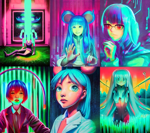 portrait of disney hatsune miku!!!!!!!!!!, simon stålenhag, lsd trip, wonderful symmetrical expressive eyes, acrylic on canvas, a crystal heart is laying on the moss, Magic the Gathering., neon cyberpunk vibrant colors