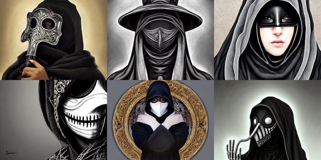 female plague doctor donning a black hood, intricate beautiful painting, clear shapes, art by artgerm and, hyperdetailed perfect face, blurred background, by shinji aramaki, elegant gleaming intricate baroque jewelry, electrical arcs, scare