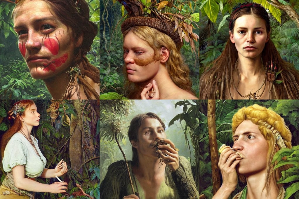 a beautiful portrait of august schellenberg taking tobacco snuff in the jungle, in the style of JIM RICHARDSON, over a calanque, swietopelk elder scrolls, outher worldly colours, very accurate face, bottom view, lifelike, beautiful facial symmetry, long hair blondie russian girl at witch ritual, smirk, joseph christian leyendecker, tiara made from dreams in a fantasy wonderland, alberto vargas, art by arney freytag, anthropomorphic, by John Singer Sargent, beautiful woman, realistic shaded lighting cyberpunk futuristic, cool offset colors