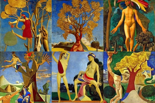 golden tree statue with gems, art by Nicolas Poussin, art by Paolo Uccello, beauty, character creation, art by Joan Miró, art by Pablo Picasso, art by Andrea Mantegna, Kangol