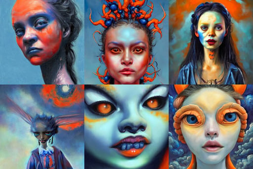 of a bright and cloudy sky large strange cute friendly creatures with big eyes, art by Tim Okamura and Gerald Brom, closeup on face, full length wide shot. aspect ratio 9 : 1 6. digital painting, blue and orange, portrait ethereal by jama jurabaev, rich colors, a shining object in the distance, Midjourney style, shaded lighting by katsuhiro otomo ghost - in - the - shell, grey-blue eyes, Occult, wearing sleek clothes, by victo ngai and rebecca guay, white face, fractal paisley inlay, elder sign, Warcraft male orc druid, ray of sunlight, hi-fructose