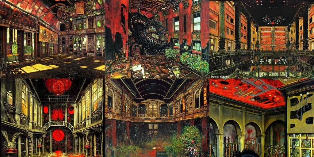 Ruined interior of steampunk building covered with plants, wet slimy, black dragon on red background, art by Francisco De Goya, art by Gustav Klimt, art deco, welding sparks flying, ethereal lights fade from every room, black, ultra-detailed, smooth reflective metal