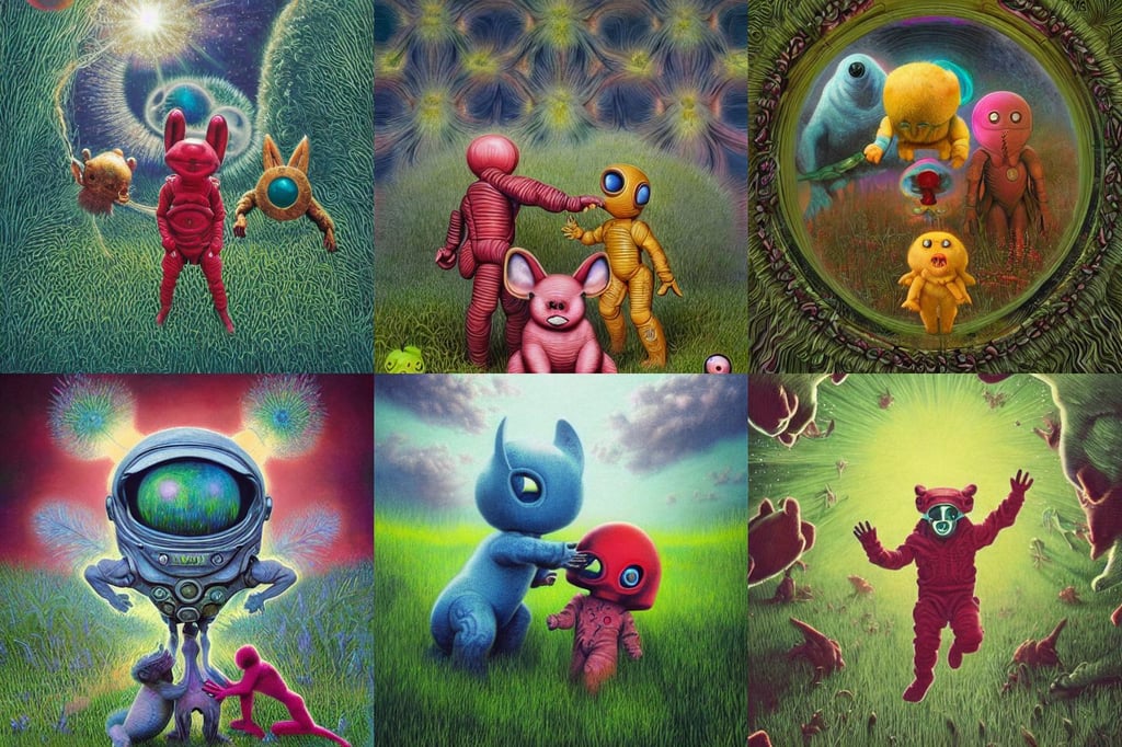 Cute alien animals playing with each other, realistic oil painting by gustave dore and alex grey, triforce, subject in the center of the frame, overalls, luscious grass, comixwave films, quixel megascan, charming, mech, pastel vibe, inspired by scott pilgrim !! Gradient red, accents providence, by Andrew Wyeth and Gerald Brom, alpha masked transparent flat grey background, swirly body painting