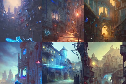 low angle medieval port town, blue galaxyportals concept art, laser sword, attacking pig by ross tran, string lights, jeremy lipkin and michael germash, ethereal detailed intricate insanely detailed octane render trending on artstation, multidimensional, featured