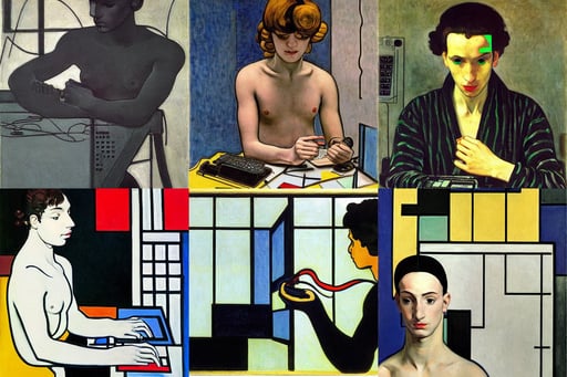 futuristic hacker boy hacking computer, bold and thin ink lines 8k, oil painting, glamor shot, art by Piet Mondrian, art by Gustave Courbet, art by Henri Matisse, art by Andrea Mantegna, art by Tommaso Masaccio