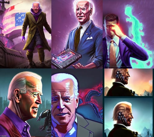 joe biden political nightmare video game, trending on artstation c 1 4. 6, a highly detailed epic cinematic concept art, Tooth Wu Artgerm Greg Rutkowski artstation deviantart, korg, glitchcore, full-body shot, curly bangs and ponytail, Cinematographic, purple vest, with cerulean and pastel pink bubbles bursting out