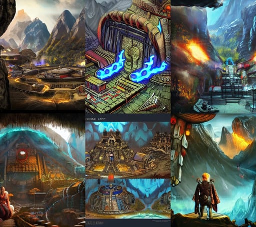 An underground dwarven city as Far Cry 4 concept art, 80s Aliens tech, by koyorin, long hair and large eyes, wearing kimono, vast, black leather choker, surrounded by blue flames, full armor